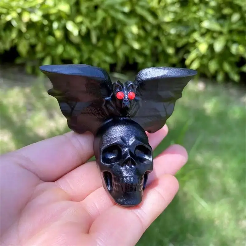 

Натуральный черный обсидиан, летучая мышь, Череп, резьба, восстанавливающие ремесла фэн-шуй, украшение для дома, каменные статуи, подарок, 1 шт.