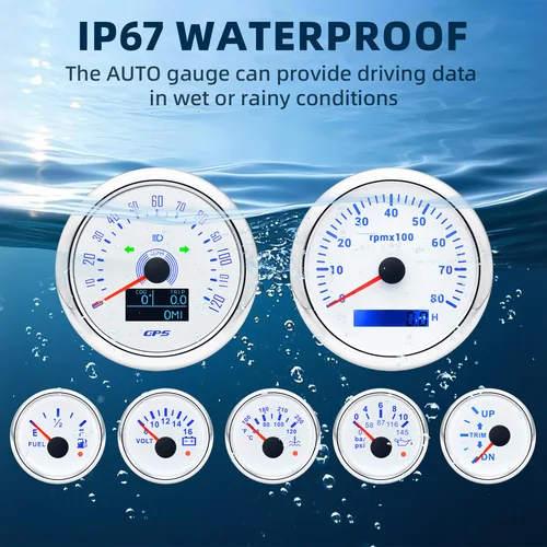 Imagen 2 del producto Juego de 7 medidores, velocímetro GPS blanco de 85mm, tacómetro de 12V/24V y combustible/temperatura/aceite/voltios de 52mm con sensores impermeables para barco marino, coche personalizado