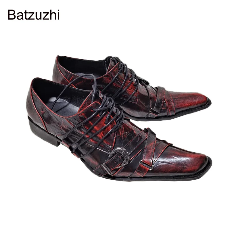 Batzuzhi Handmade Men's Leather Dress Shoes Red Rock Party and Wedding Shoes Men Lace-up Straps Fashion Party/Wedding Shoes Men