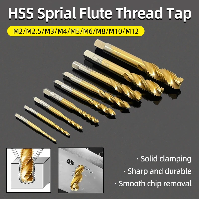 HSS Titanium Coating Thread Tap M3-M8/M2-M12 Screw Machine Tap Drill Bits Metric Sprial Flute Threading Tap Drill Hand Tools