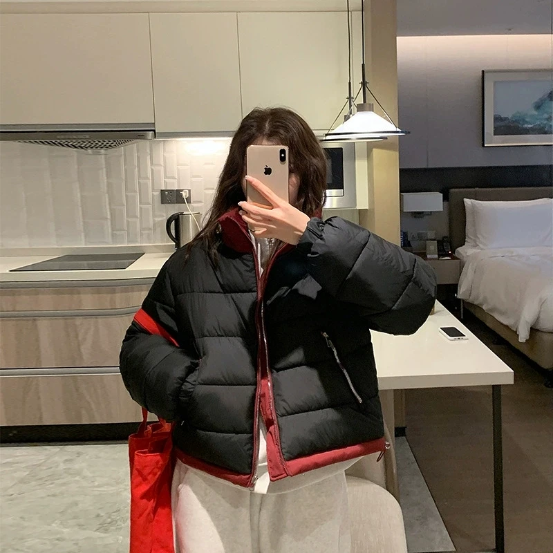 Women's Standing Collar Double-Sided Cotton Jacket Short Color Blocked Bread Parkas