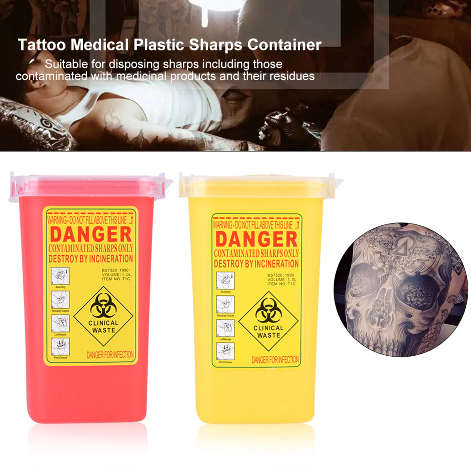 Disposal Container Tattoo  Plastic Sharps Container Biohazard Needle Disposal 1L Size Waste Box Tattoo Needle Container