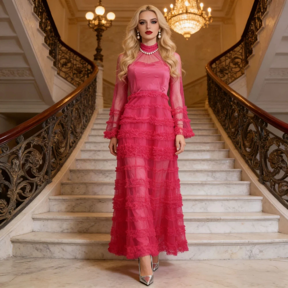 Estilo elegante renda transparente vestido em torno do pescoço nova saia de bolo moda manga longa cintura alta multi camada plissado emenda