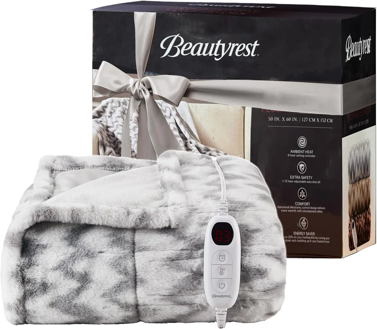 

Soft Faux Fur Electric Blanket with Auto Shut Off, Multi Heat Settings, Machine Washable, 50x60 Grey Throw