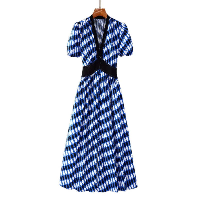 2026 Summer Collection | Blue & White Polka Dot Cotton Dress | V-Neck Waist-Cinching Short Sleeve Midi Dress | US2-US10