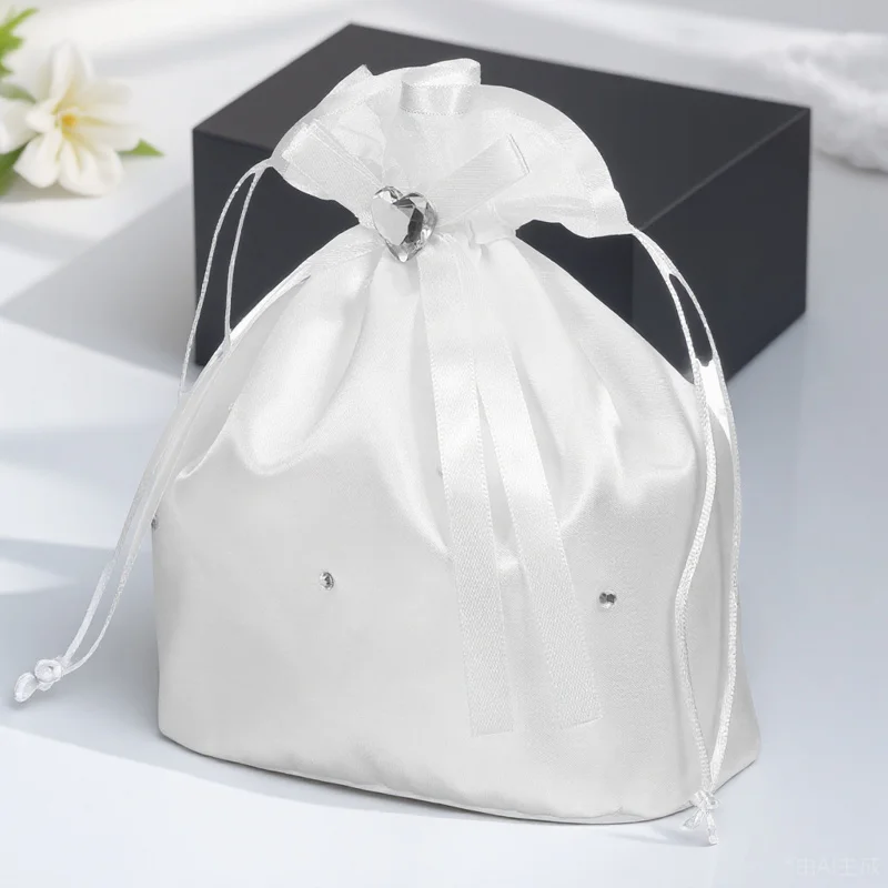 حقيبة يد الزفاف الساتان الأبيض زهرة اللؤلؤ الديكور القوس الشريط حجر الراين وصيفه الشرف هدية زهرة التبعي #1