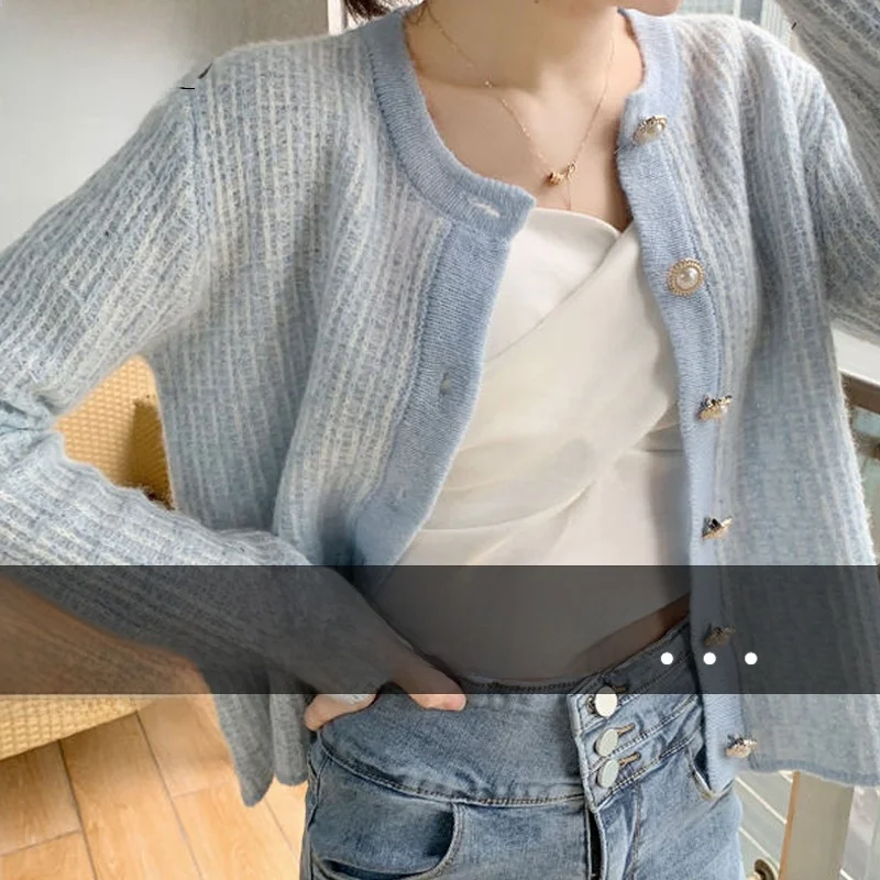 

Весна-Осень 2024, новый женский вязаный открытый кардиган, маленький свитер Fraance Sle, тюжет, модный топ с v-образным вырезом, длинный свободный свитер...