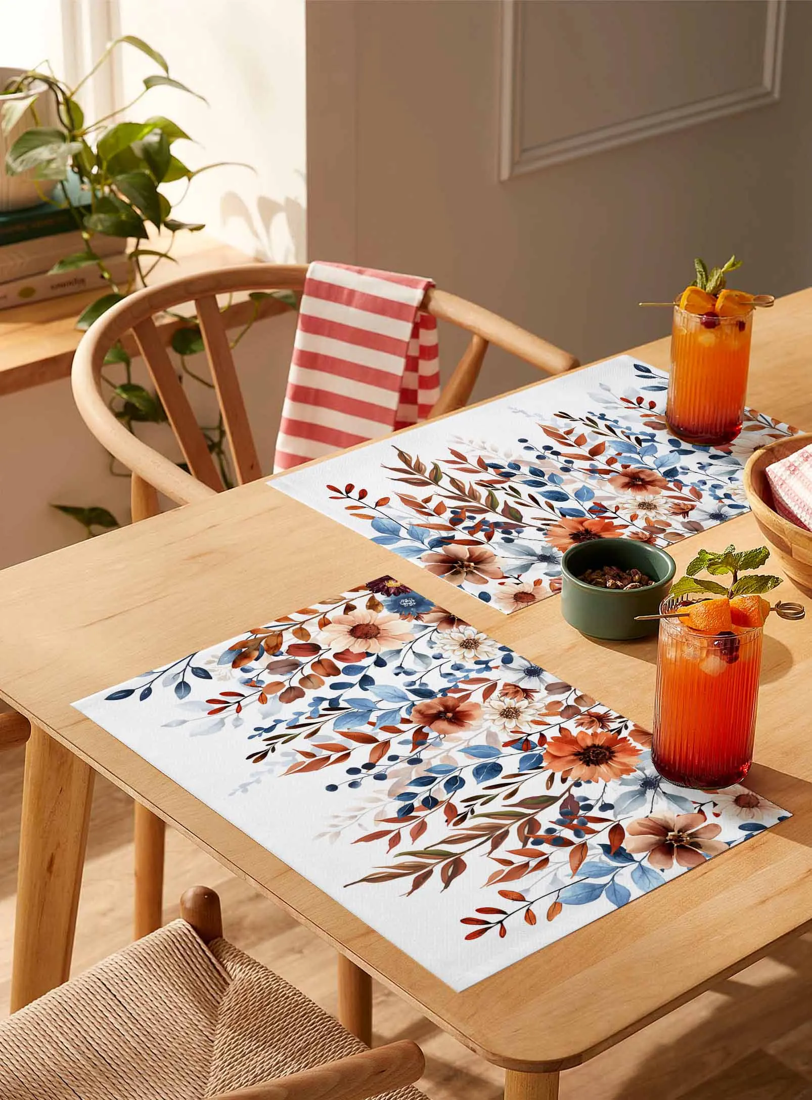 

4/6 Pcs Orange Floral Eucalyptus Leaves Placemat Wedding Party Dining Decor Linen Table Mat Kitchen Accessories