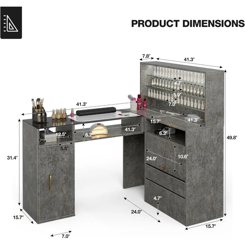 Manicure Table with LED Light, L-Shaped Glass Top Nail Tech Table w/2 Storage Shelves, Upwards Cabinet Door,Corner Nail Station