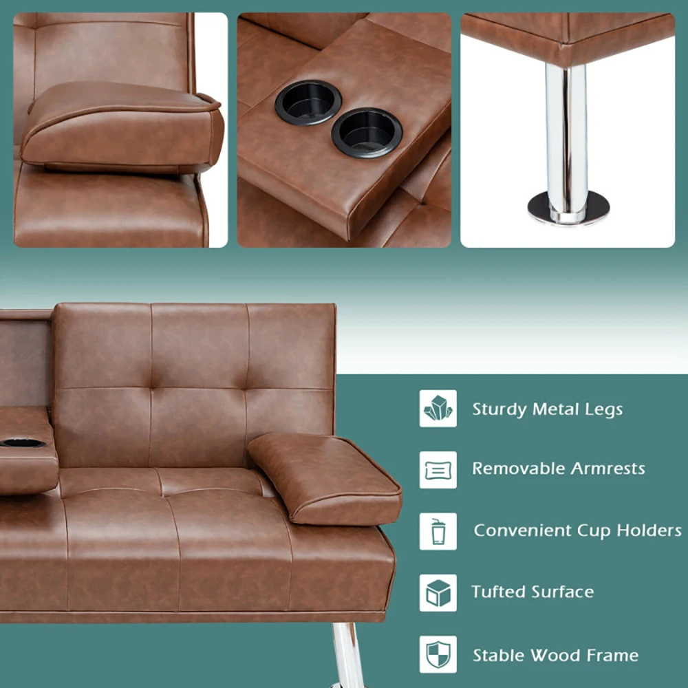 Finer Materials Higher Softness Convertible Folding Leather Futon Sofa with Cup Holders and Armrests image 2
