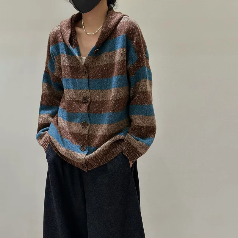 

100% pure cashmere sweater, women's knitted hoodie, loose floral yarn, coffee-colored striped hooded sweater jacket