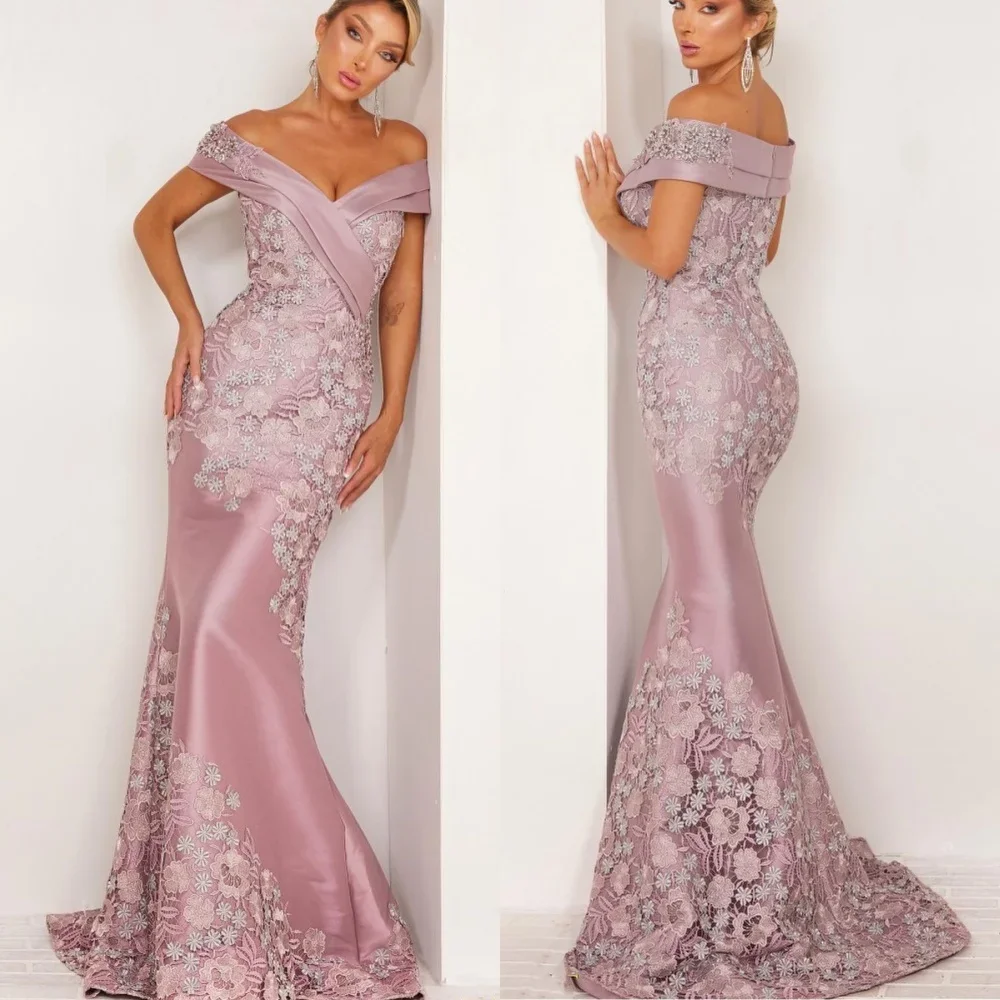 Customized  Exquisite Off-the-shoulder Mermaid Evening Dresses Lace Applique Satin Customized