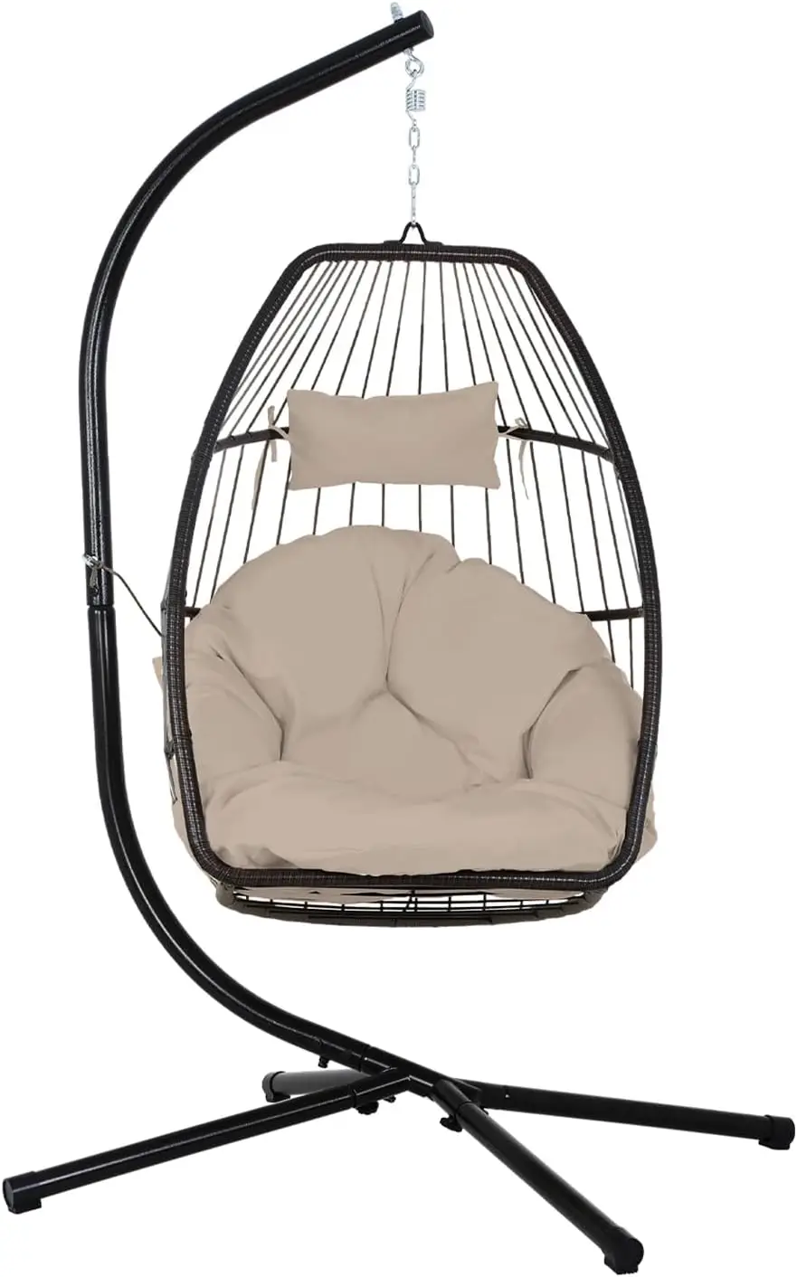 كرسي البيض للاستخدام الداخلي والخارجي مع حامل، كرسي سلة فناء الروطان، وسادة بوليستر ناعمة، مسند رأس قابل للتعديل، أسمر ضارب للصفرة