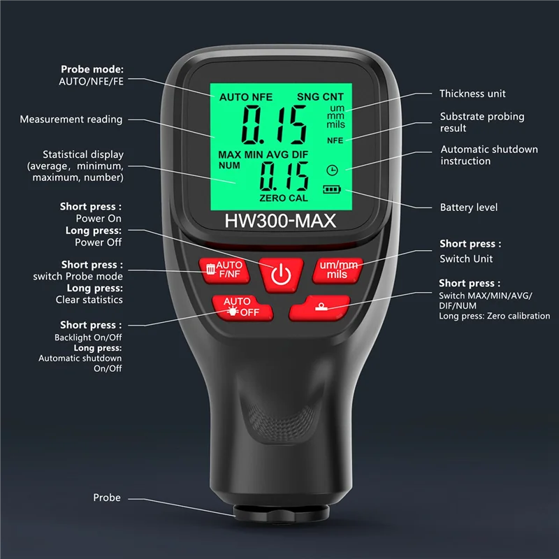 

NEW-2X HW300-MAX Толщиномер покрытия Измеритель толщины пленки краски Универсальные автомобильные аксессуары