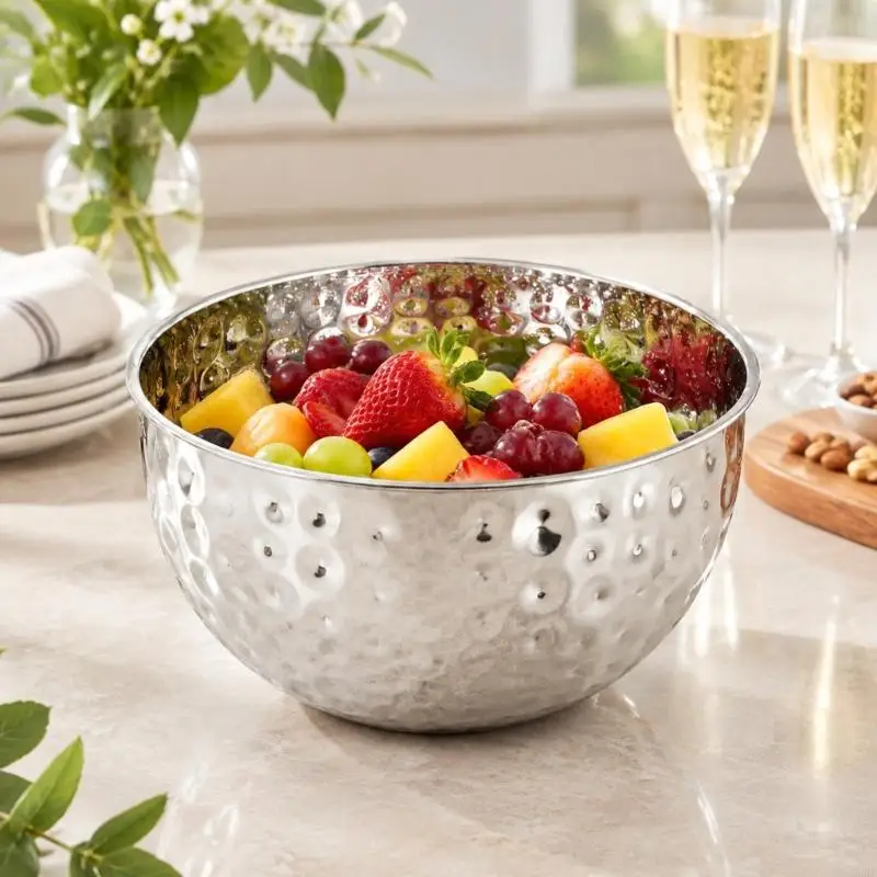Hammered Metal Bowl with Deep Profile for Food Preparation, Table Serving, and Organized Small Household Item Storage