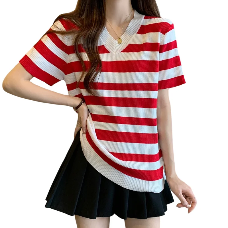 XL-4XL Large Size V-neck Sweaters Women Summer Short Sleeve Oversize Knitted Tops Loose Striped Vintage Ice Silk Pullovers 2023