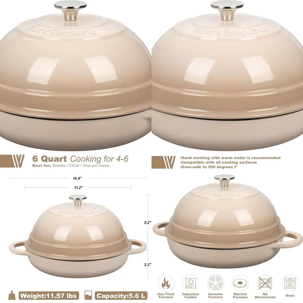 

Чугунная эмалированная кастрюля с крышкой, 6 кварт, для выпечки хлеба, цвет латте