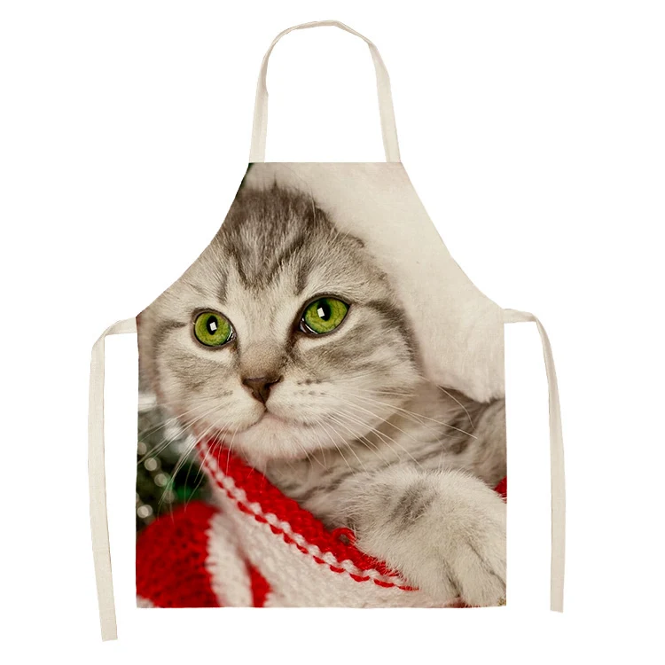 Christmas Cute Santa Hat Cat Dog Pattern Linen Stain Resistant Sleeveless Apron Baking Accessories Kitchen Cooking