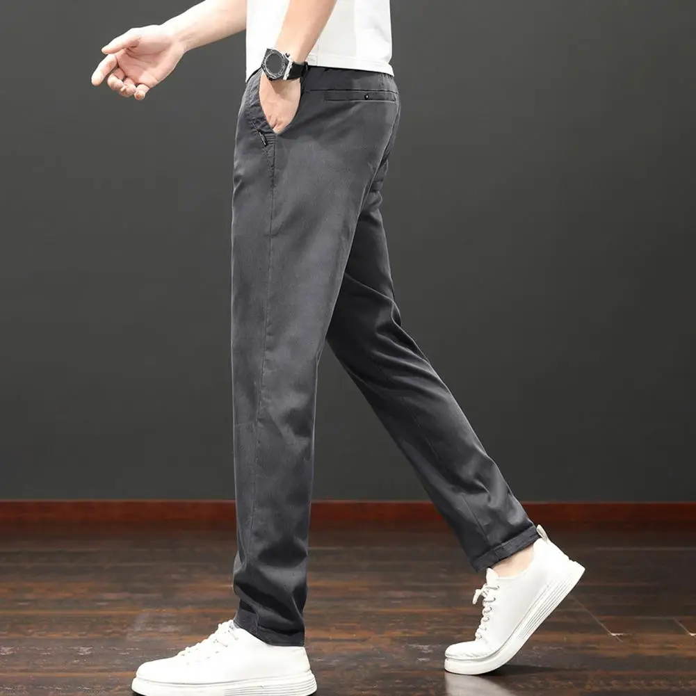 

Casual Men Solid Color Pants Cooling Fabric Slim Fit Men's Pants with Elastic Waist Side Button Closure Zipper for Casual