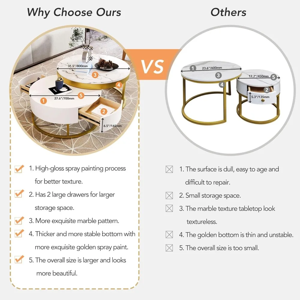 Moderner runder Satztisch mit Schubladen in Weiß