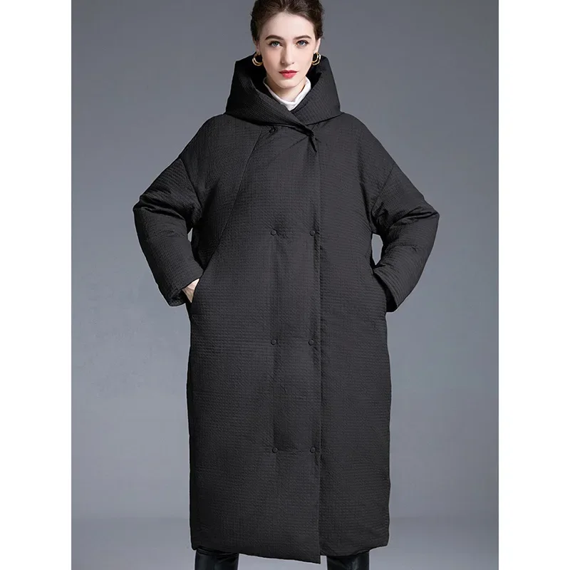 Women Puffer Jackets Hooded 90% White Duck Down Coats Thick Knee-length Cocoon-shaped Large Size Clothing Double-breasted Parkas