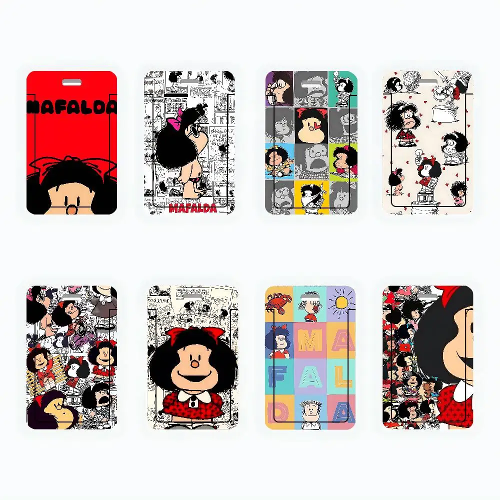 Porta credenciales con diseño de Mafalda, correa para el cuello, colgante, soporte para tarjetas de identificación, material de PVC duradero