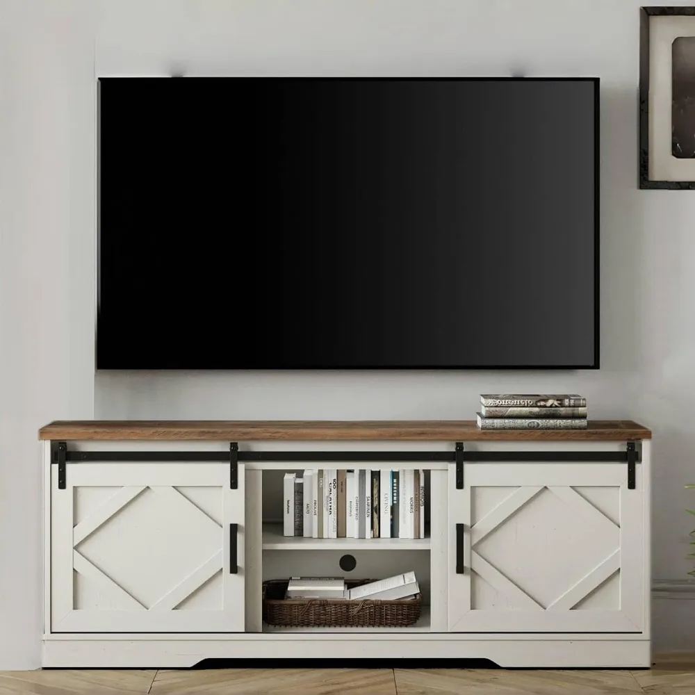 Centro de entretenimento de TV de 75 polegadas com armários de porta de celeiro deslizante e armazenamento