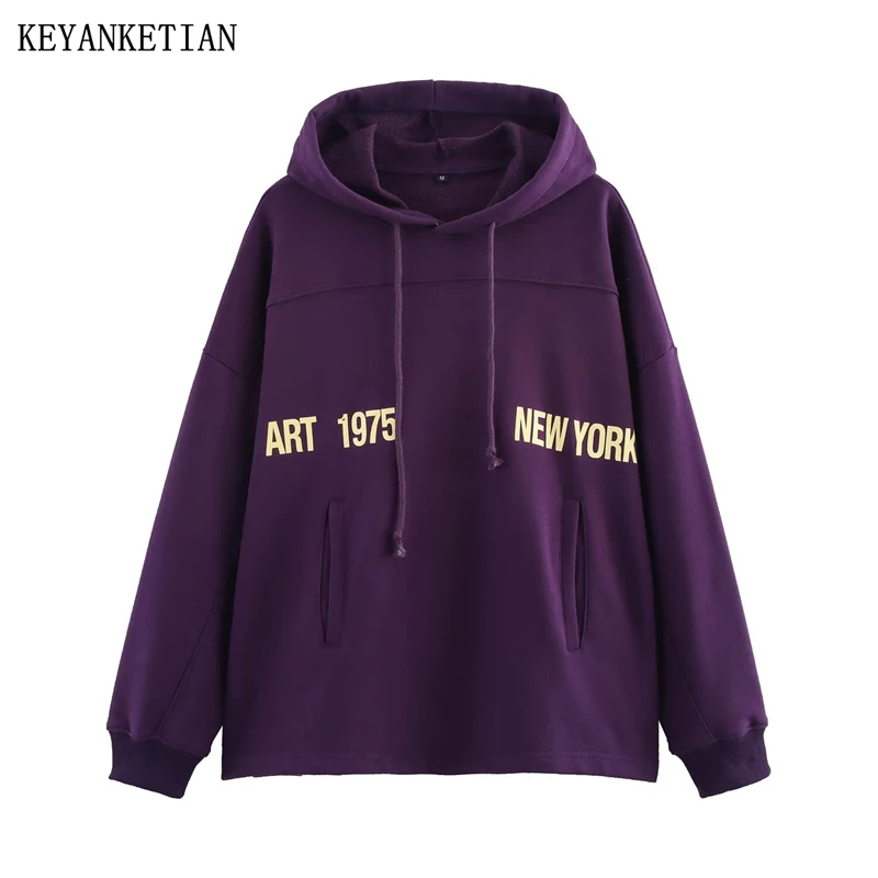 KEYANKETIAN خريف جديد المرأة عادية فضفاض رسالة مطبوعة البلوز مع الرباط مقنعين البلوز للنساء