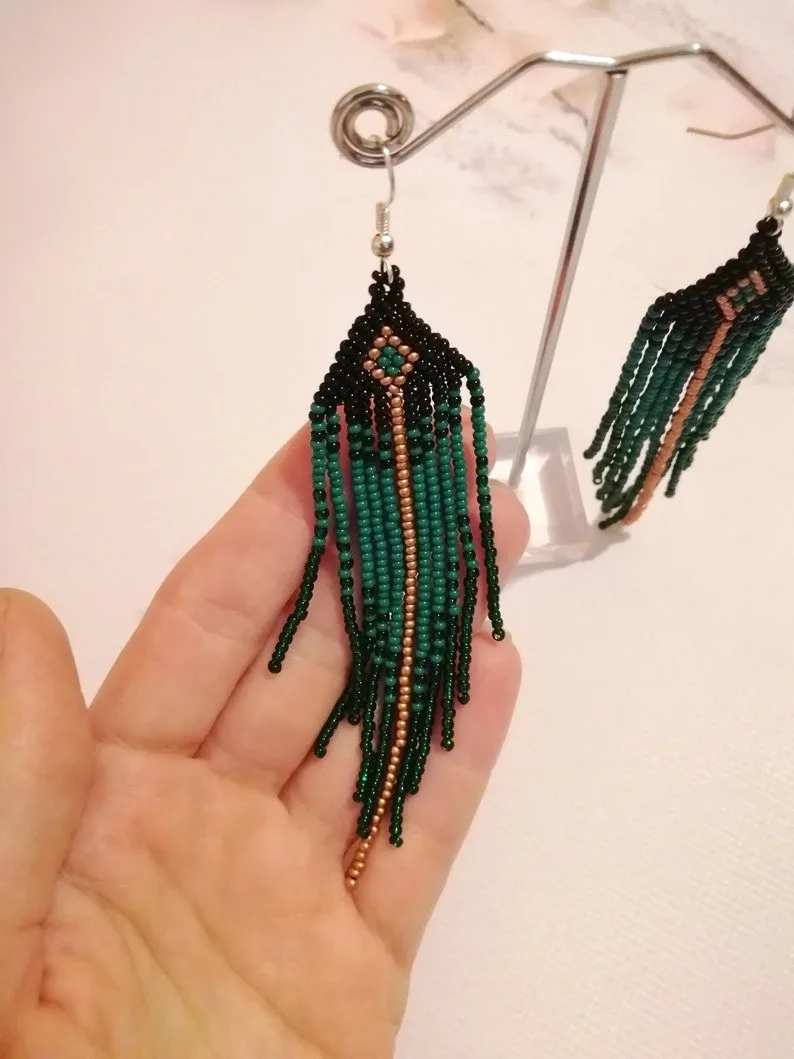 Rice bead earrings Tassels Creativity Geometry Pattern Bohemia Gradient color Hand weaving Female Fashion Alloy  Beaded earrings