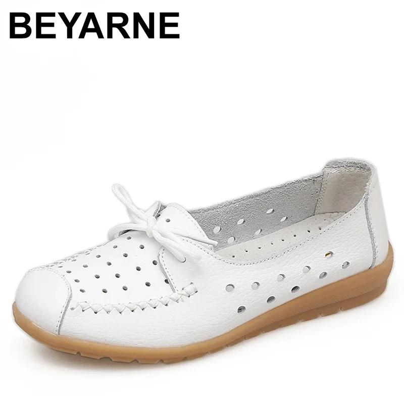 BEYARNE   Summer women flats shoes women genuine leather shoes ladies Cutout Slip on ballet flats loafers ballerina flats