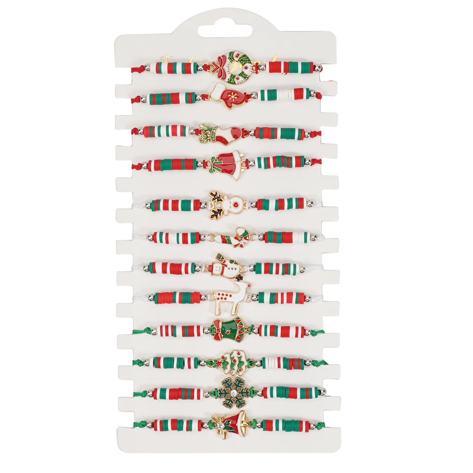 Christmas Themed Woven Bracelet with Christmas Tree Bell Santa Claus And Snowman Design for Holiday Gifts And Decorations