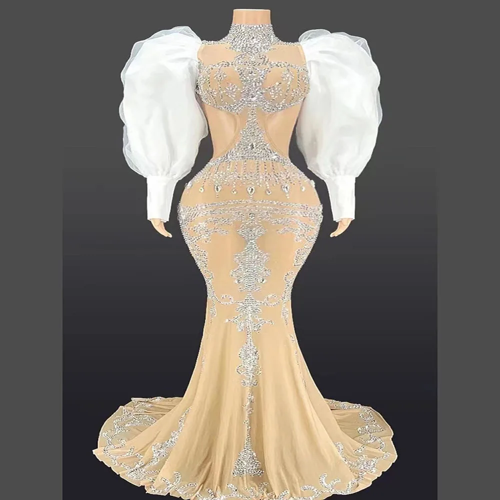 

Luxury stage costume Diamond sexy party girl Transparent Short Dress Evening Birthday Rhinestones Puff Sleeves Mesh Long Dress