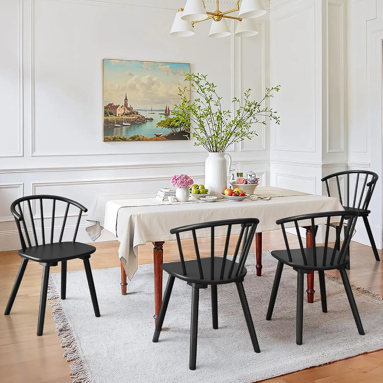 

BONA Black Dining Chairs Set of 4, Farmhouse Wood Dining Chairs with Semicircular Backrest, Spindle Dining Chair for Kitchen and