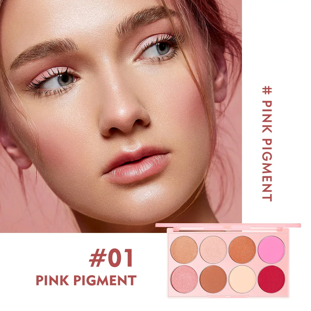 Palette de fards à joues 8 couleurs, couleur brillante mate, rose clair, lueur naturelle, facile à mélanger, couleur de joue légère pour le maquillage nu