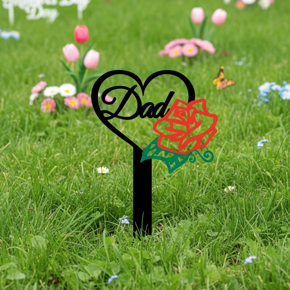 Outdoor Dad Remembrance Garden Stake with Heart Outline and Rose Illustration Built for Durability and Clear Visual Recognition