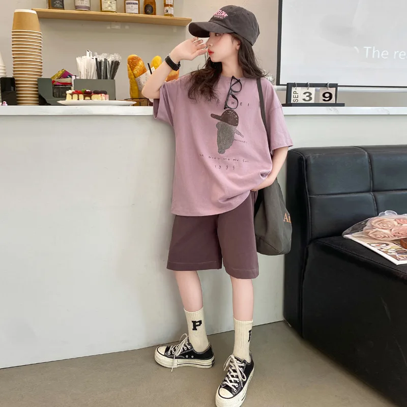 

2025 new Girls' casual short-sleeved T-shirt set for summer children's summer wear, large kids' shorts stylish and sporty girls