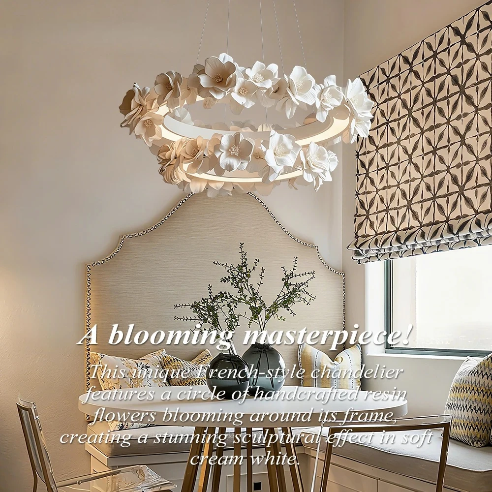 2026 French Round Floral Pendant Lamp For Living Dining Room Kitchen Table Cream White Resin Hanging Light Double Layer Chandeli
