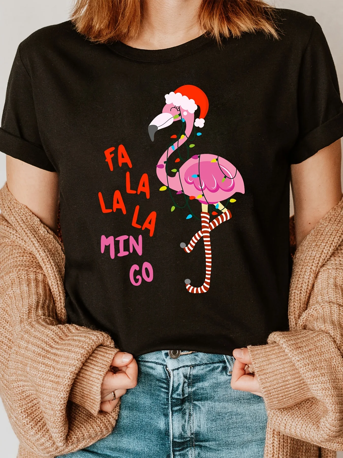 Flamingo Christmas Print T-Shirt Sleeve Crew Neck Casual Top for Summer Spring Women'S Clothing Harajuku Short Sleeve Casual