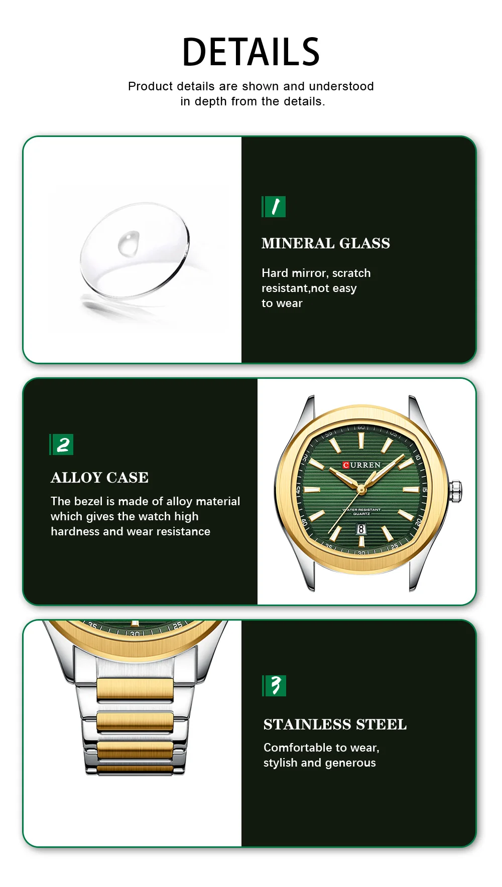 CURREN Modische Minimalistische Quarzuhr für Herren Zweifarbiges Edelstahlarmband Luxus-Armbanduhren mit Leuchtzeigern – Detail 6