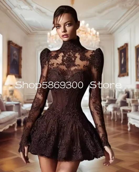 Kurzes Ballkleid mit Schokoladen-Spitze, hoher Kragen, lange Ärmel, A-Linie, Mini-Cocktail-Partykleid, Kleid für Geburtstagsfeiern, individuell gestaltet