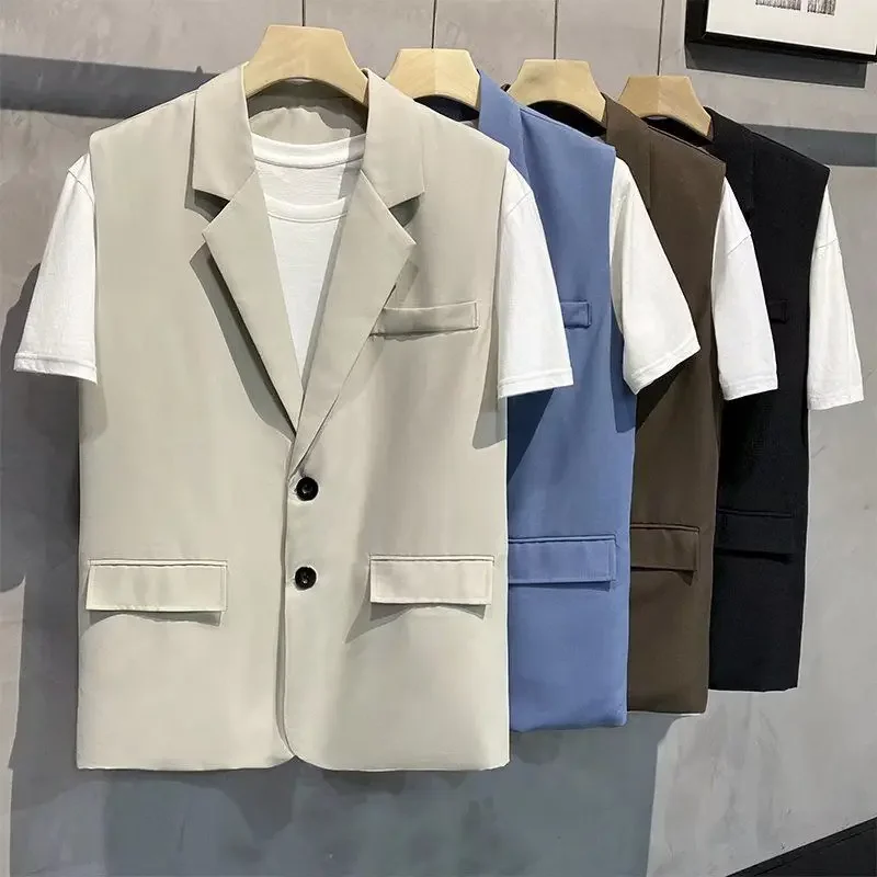 

Neutral Tone Blazer Vest for Men Slim Fit Unisex Outerwear Minimalist Layering Piece for Layering Over T Shirts