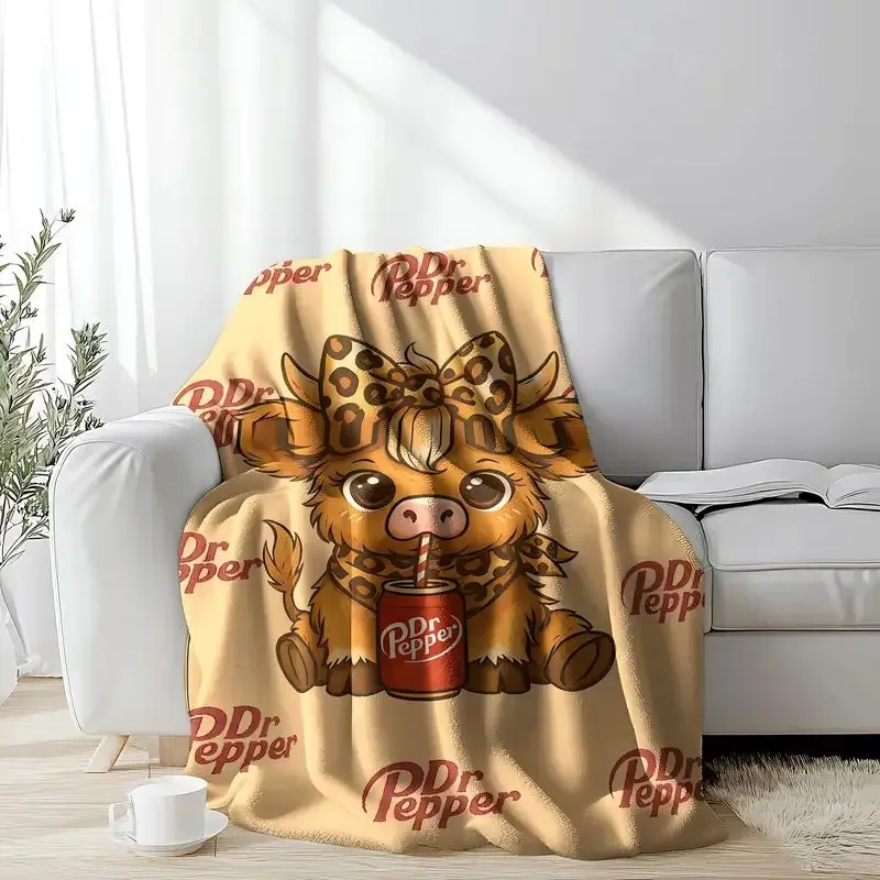 VIKAMA Dr Pepper Highland Cow Cartoon Flannel Throw Blanket Cozy Warm Lightweight Nap Office Home Camping Holiday Gift