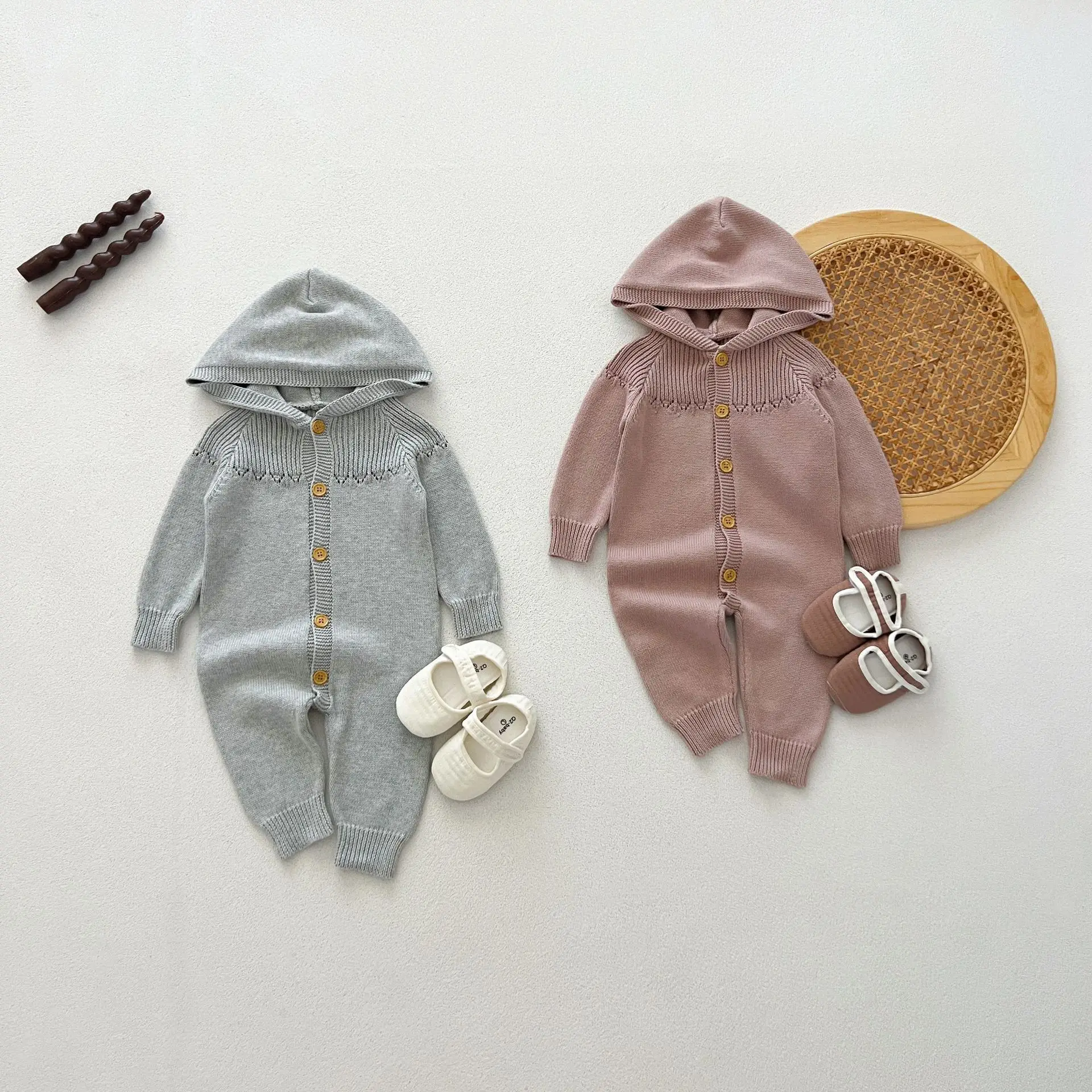 Autumn Baby Boys Jumpsuit Cotton Knitted Hooded Solid Single Breasted Infant Boys Bodysuit Warm Simple Toddler Boys Rompers