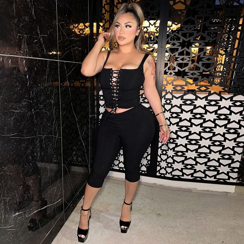 

Y2k Clothes Women Sets Solid Ribbed Lace-up Corset Tank Top and Knee Length Shorts Suit Street Sexy 2 Piece Matching Sets Outfit