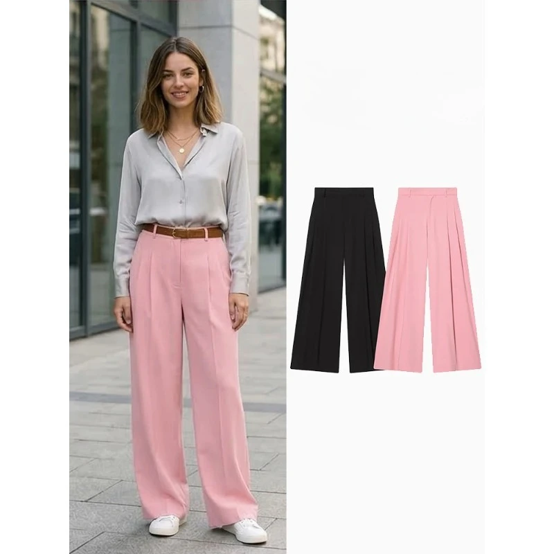 

FANAN Women Fashion Solid Pleated Front Zipper Wide Leg Pants Vintage High Waist Full Length Female Chic Lady Trousers