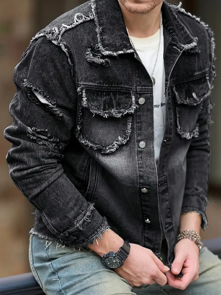 Trendy Mens Patchwork Ripped Jackets Vintage Slim Fit Lapel Button-up Denim Coat Jacket Autumn Men Streetwear Vintage Jacket