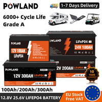 POWLAND LiFePO4 Battery 12.8V 300Ah 200Ah 100Ah Lithium Iron Phosphate 25.6V BMS 6000+ Cycles IP65 For RV Boat Inverter Solar EU