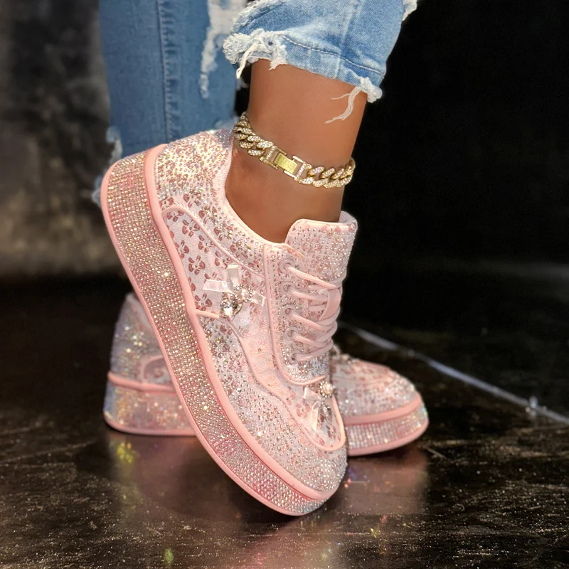 

Women Luxury Rhinestone Sneakers Bling Casual Female Breathable Designer Flat Shoes Printing Outdoor Sport Women Vulcanize Shoes