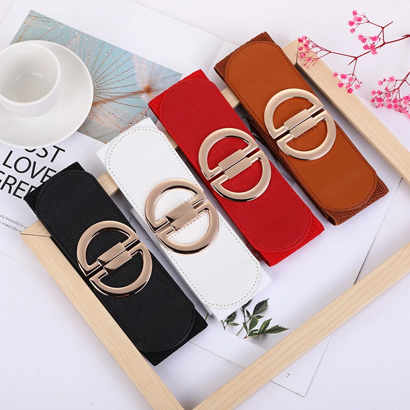 Women Leisure Elastic Wide Waistband Belt Ladies Fashion Alloy Buckle Stretchy Waist Belt Decorative Buckle Waist Cover