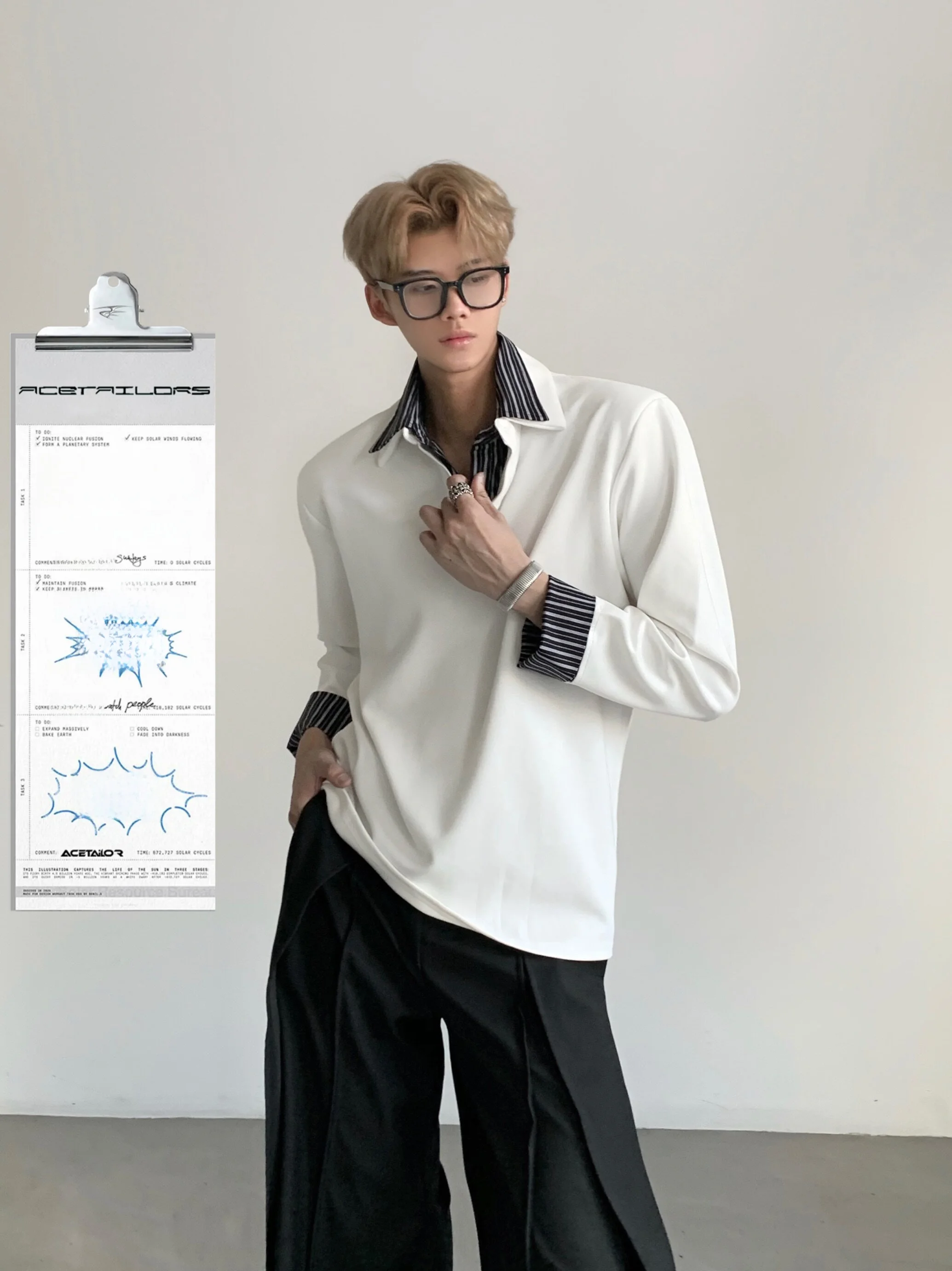 Ace Tailors Retro High Intelligence Casual  Shirt Long Sleeve T-Shirt Unisex Splice Color Block Design Breathable Cotton ...